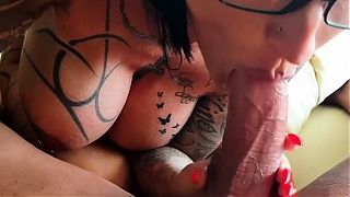 Blowjob from tattooed milf with glasses POV